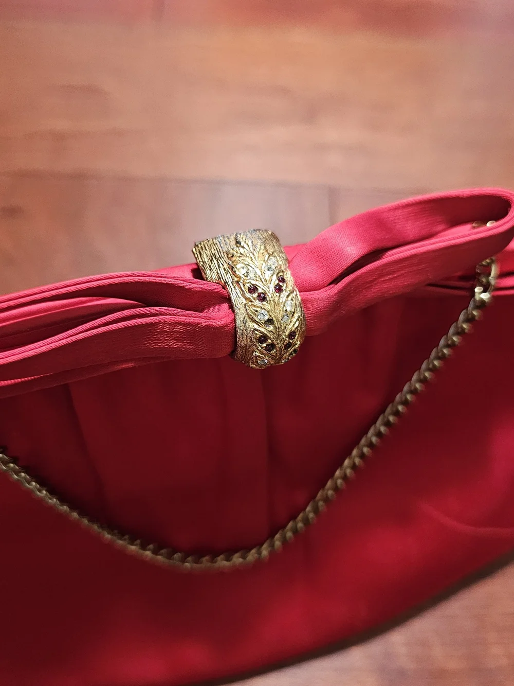 Red Satin Evening Wristlet Clutch with Gold Accent